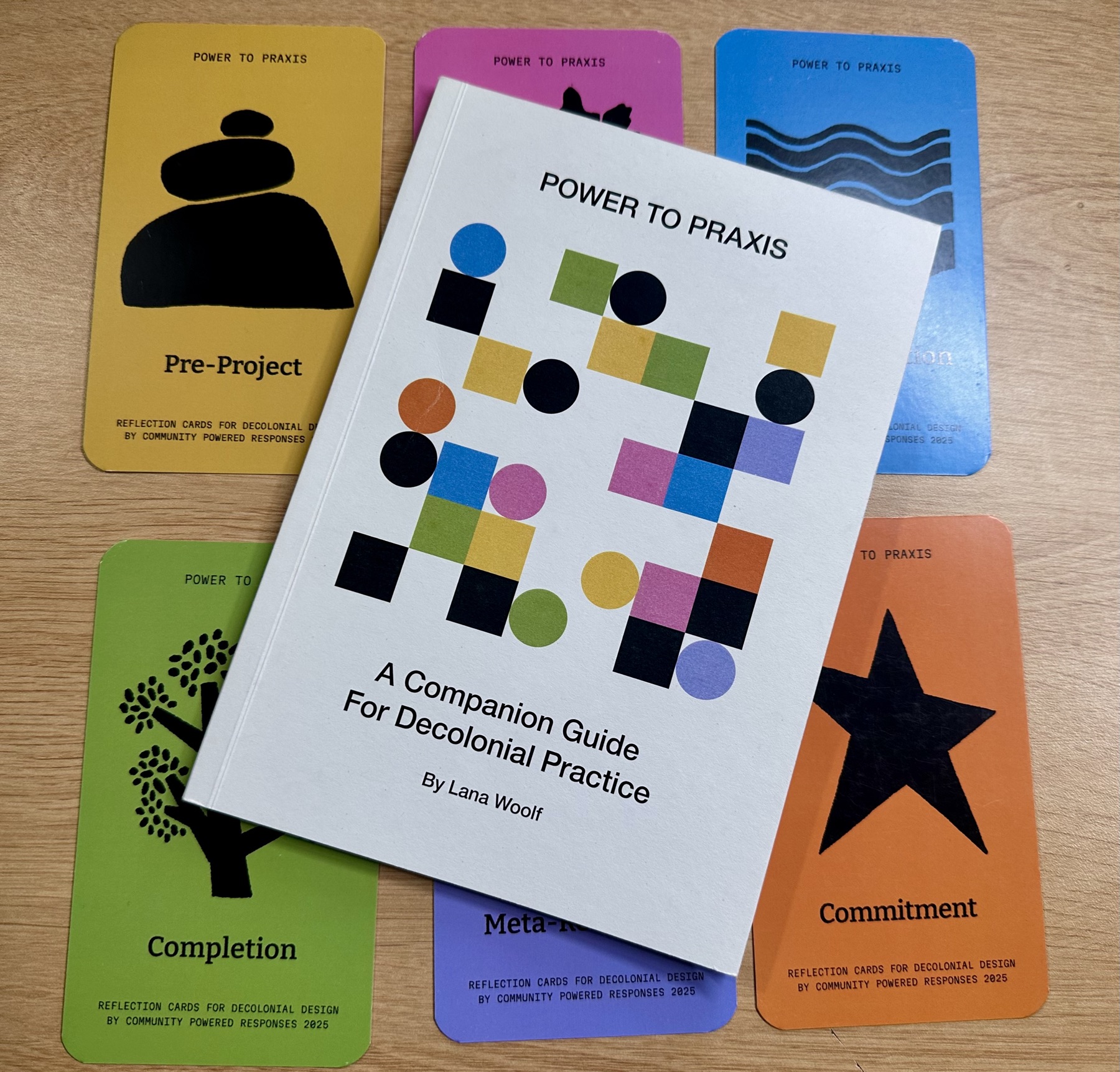 The Power to Praxis reflection cards and companion guide spread across a table